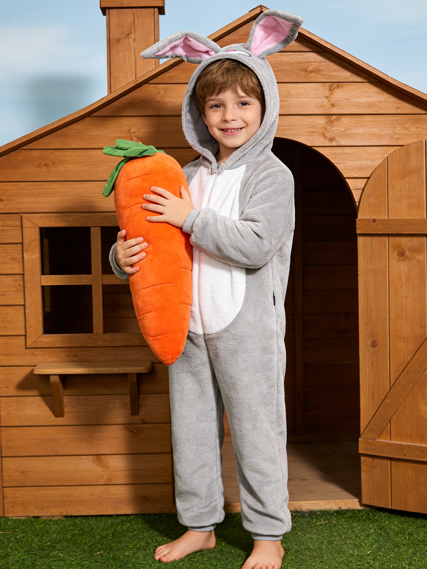 Children's Cute Rabbit Halloween Costume, Plush Hooded Jumpsuit